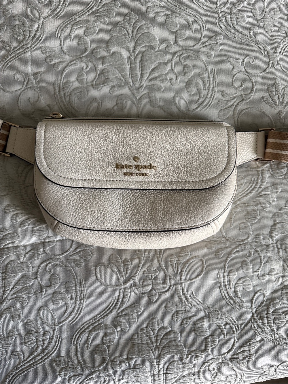 kate spade cream pebbled leather mini belt bag with striped webbing strap
